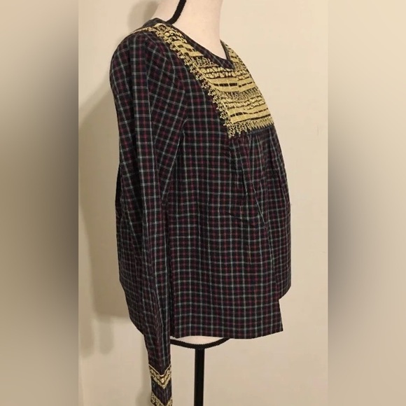 JCREW Embroidered peasant top in plaid Size Xl In GREEN RED - Picture 2 of 5